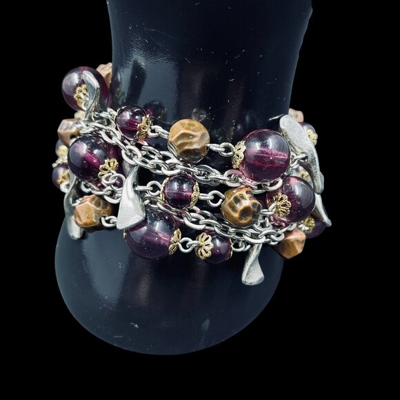 Chicos Multi Strand Beaded Charm Bracelet Purple Gold Silver Boho Statement - Picture 5 of 9